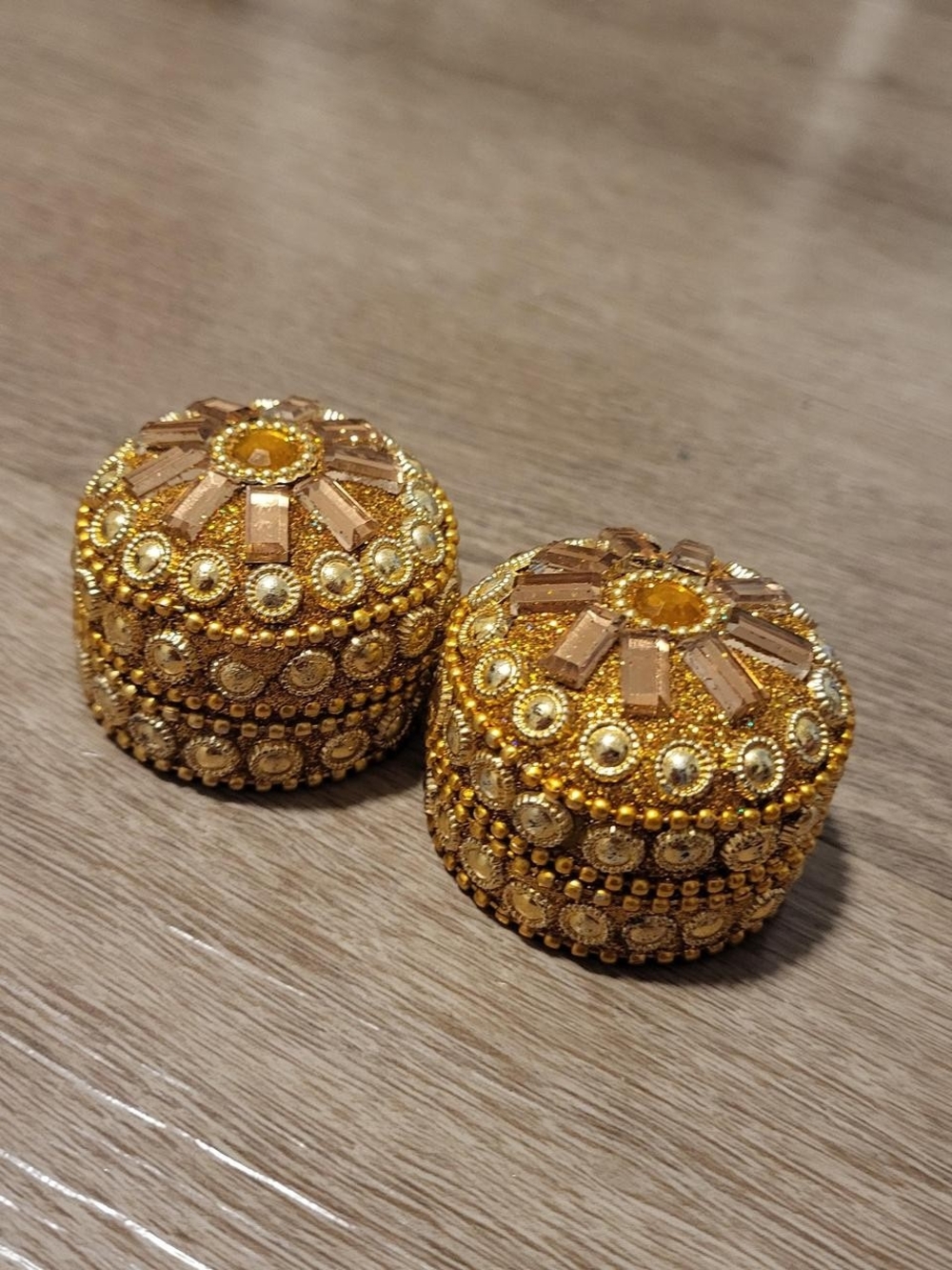 Embellished Gold Beaded Trinket Boxes - Pair